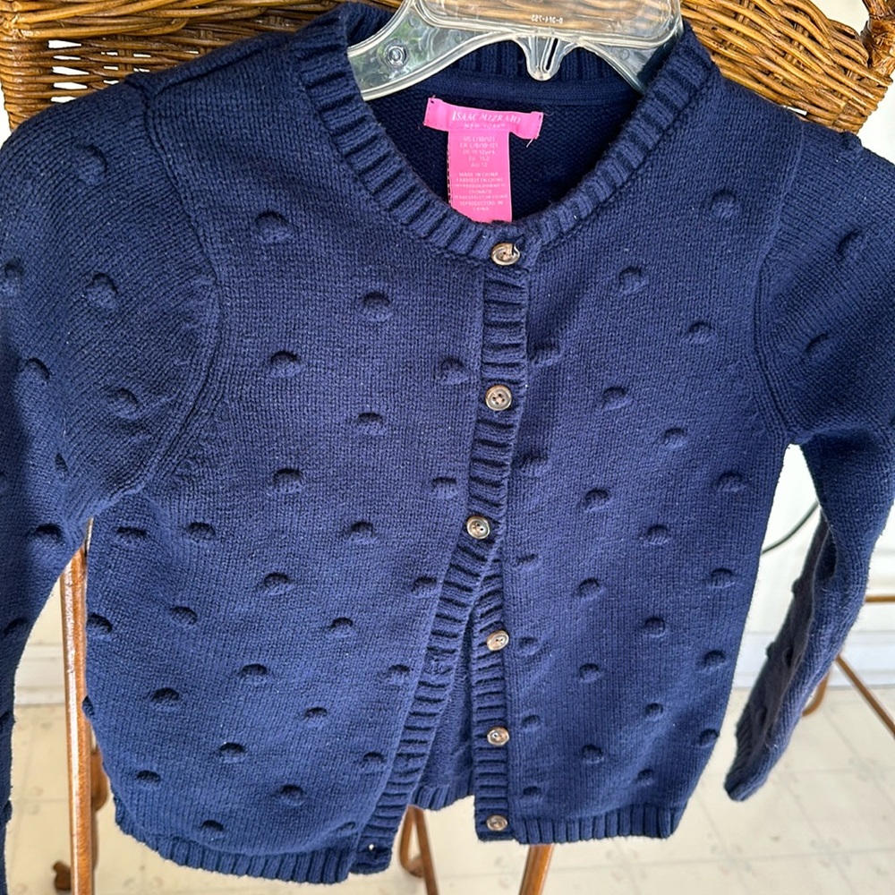 Isaac Mizrahi New York girls navy blue button front sweater. SZ 10